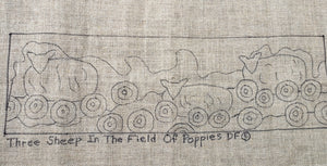 THREE SHEEP IN THE FIELD OF POPPIES -  Rug Hooking Pattern on Linen - Deanne Fitzpatrick -07-23-1