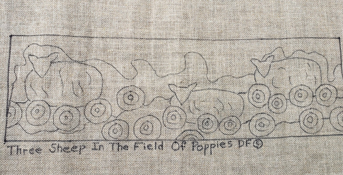 THREE SHEEP IN THE FIELD OF POPPIES -  Rug Hooking Pattern on Linen - Deanne Fitzpatrick -07-23-1