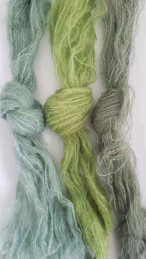 WHISKER - GREEN MEDLEY - OOAK Hand Dyed - Kid Mohair/Silk Yarn Skein - 36 grams