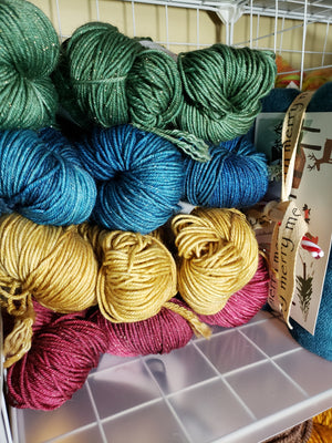 SEASONAL GREENERY SPARKLE - Merino/Gold Stellina -  Hand Dyed Shades of Green - Yarn for Rug Hooking - RSS249