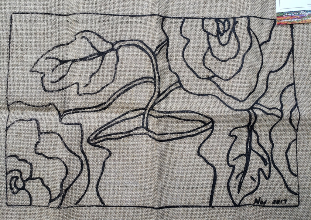 BLOOMS IN VASE  -  Rug Hooking Pattern on Linen - Deanne Fitzpatrick -07-1-4